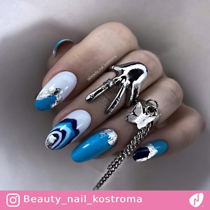Blue Abstract Nails with Foil